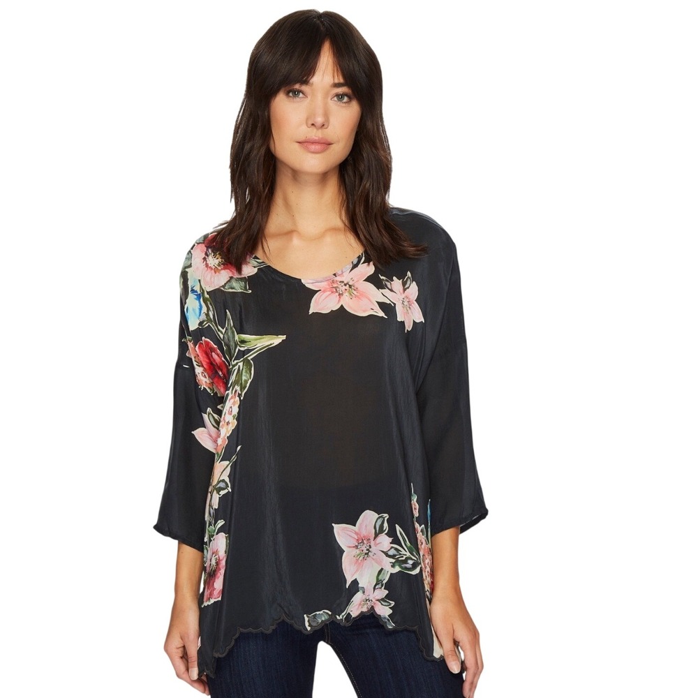 Johnny Was Asymmetrical Flowy Top Black Dark Floral Fairy Artsy Bohemian Size M
